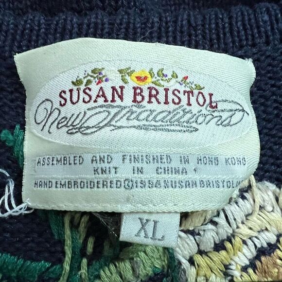 Vintage Susan Bristol Navy Blue Rose Crochet Hem Cardigan Hand Embroidered XL - Picture 4 of 10